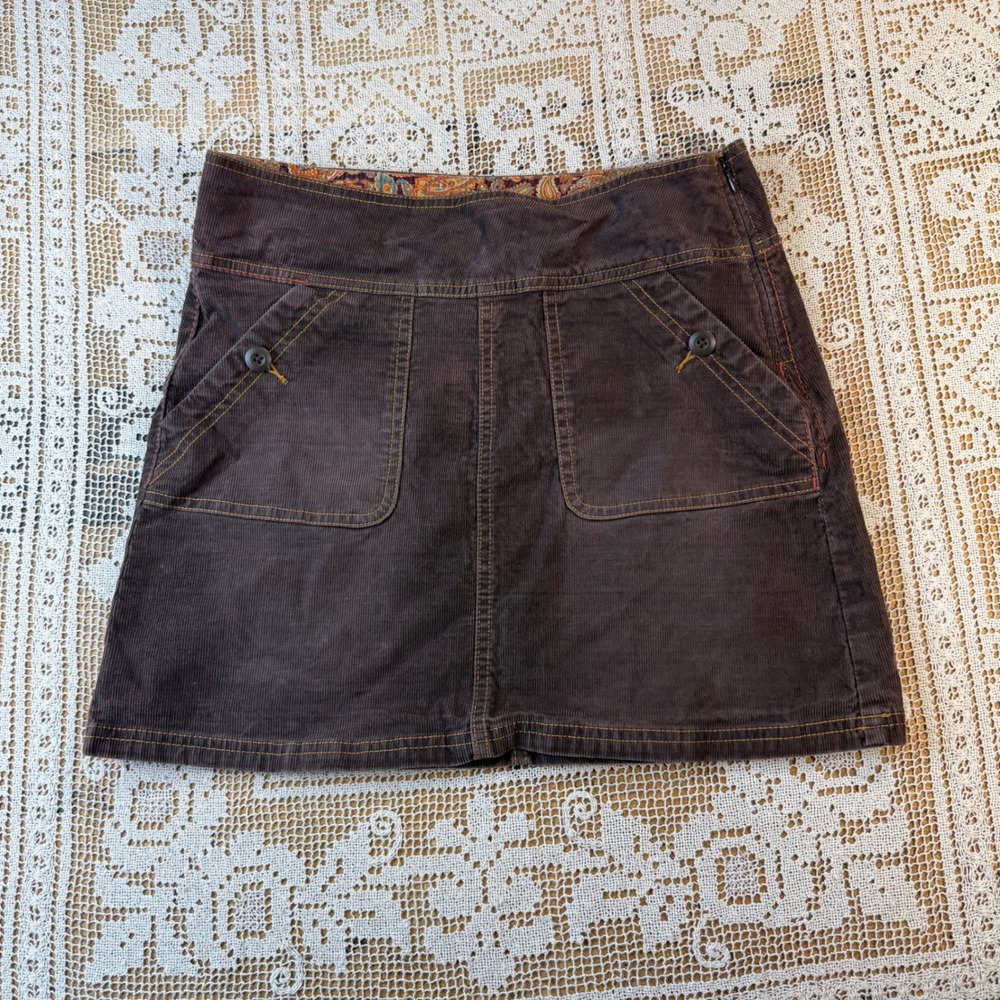Prana Brown Corduroy Mini Skirt Paisley Waistband Size 4 Fall 90s Chic